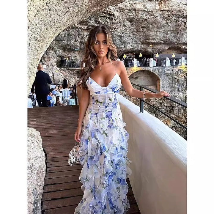 Women’s maxi dress with floral ruffles and flowing hem