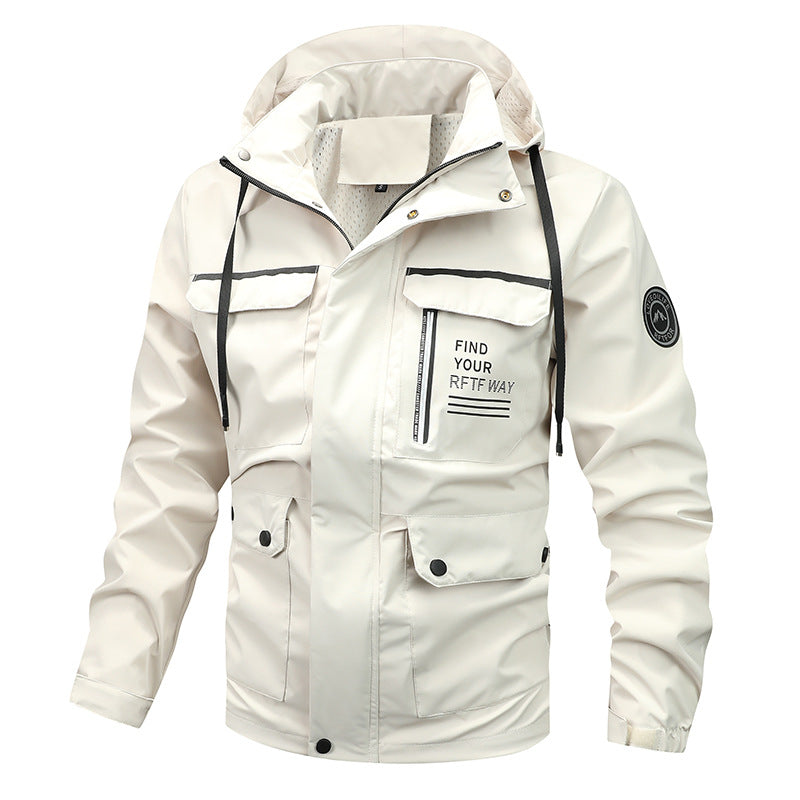 Multi-functional outdoor jacket for men with adjustable hood and reflective elements Lune London