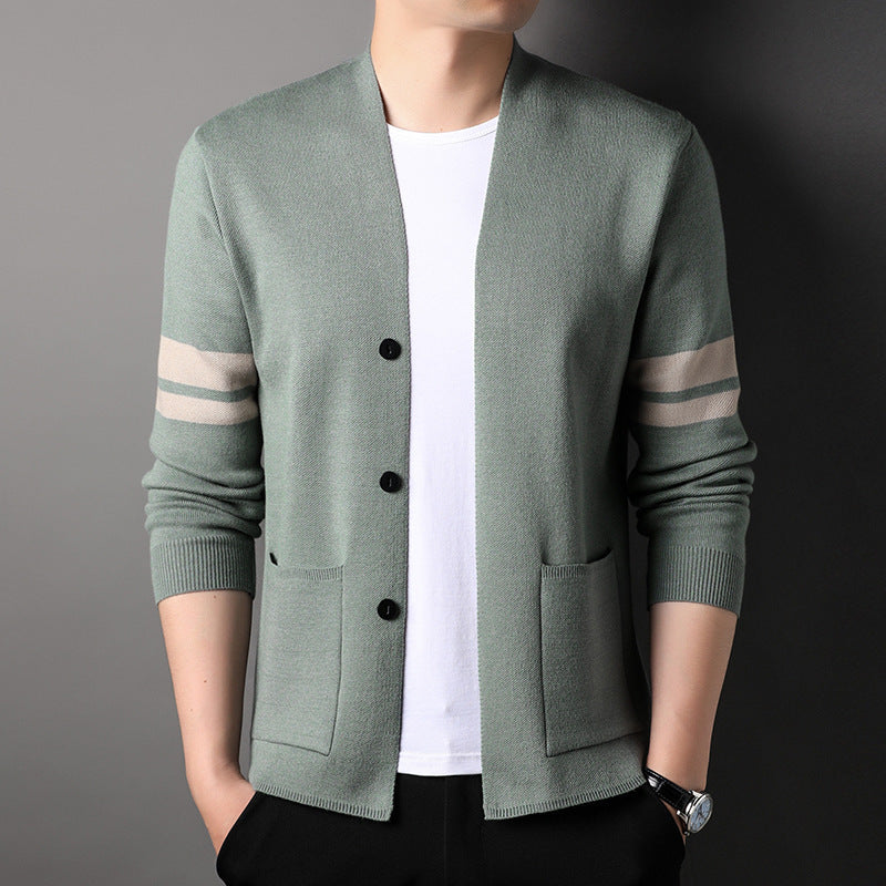 Trendy knit jacket for men with stylish contrasting stripes and practical pockets Lune London