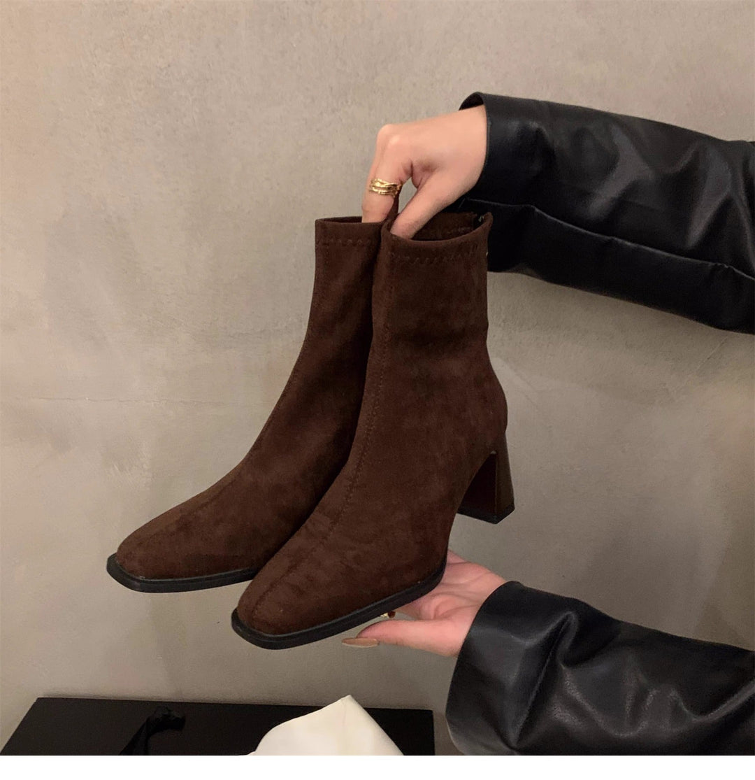 Femme Stylish Suede Ankle Boots with Block Heels Chic Und Stil