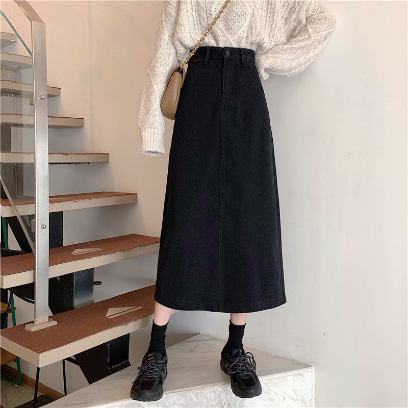 Jupe midi en denim pour femmes avec taille haute Chic & Stil