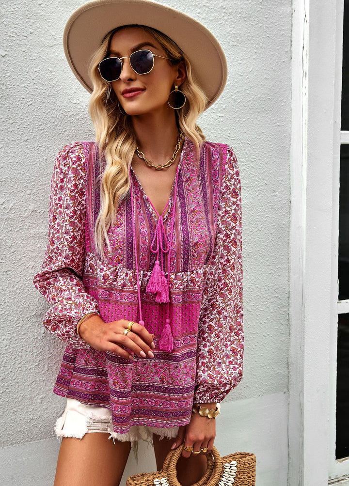Airy women's blouse with trendy boho pattern and elegant ruffle details Lune London