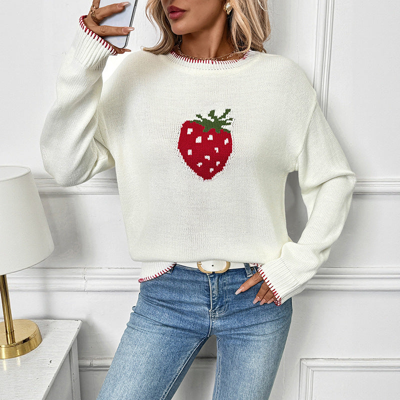 Women's sweater with strawberry pattern and ribbed details Lune London