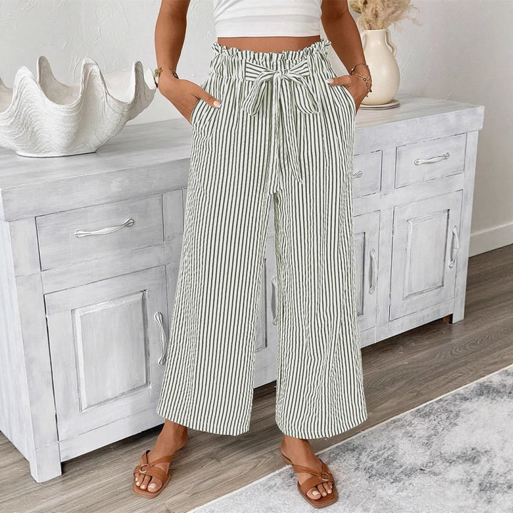 Wide striped leisure trousers for women with a tie belt Lune London