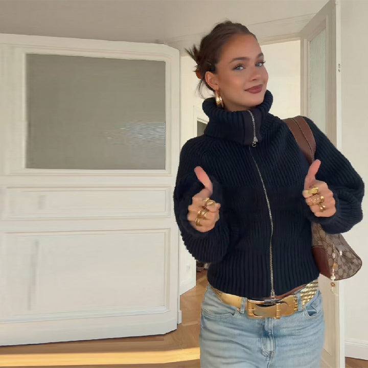 Knit jacket for women with high collar and trendy zipper Lune London