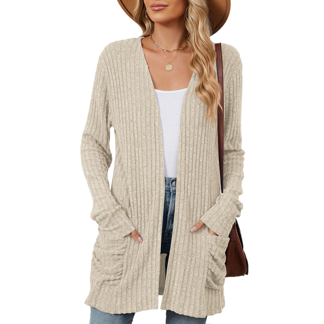 Ladies casual knit jacket with ribbed texture and practical pockets Lune London