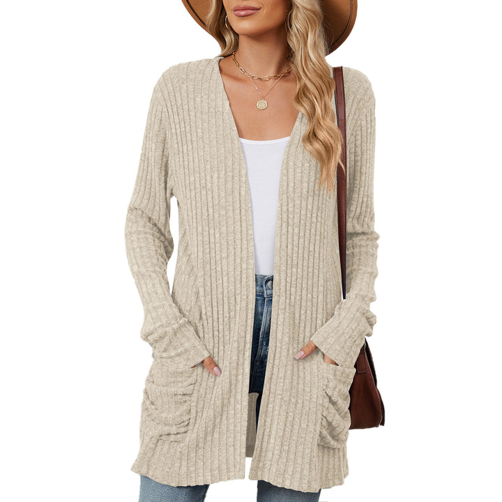 Ladies casual knit jacket with ribbed texture and practical pockets Lune London
