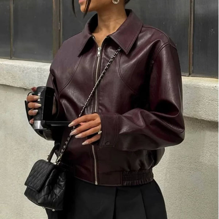 Faux leather jacket for women with elastic waist and sporty fit Lune London