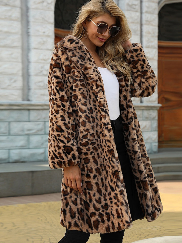 Women Elegant Faux Fur Leopard Print Coat Lune London