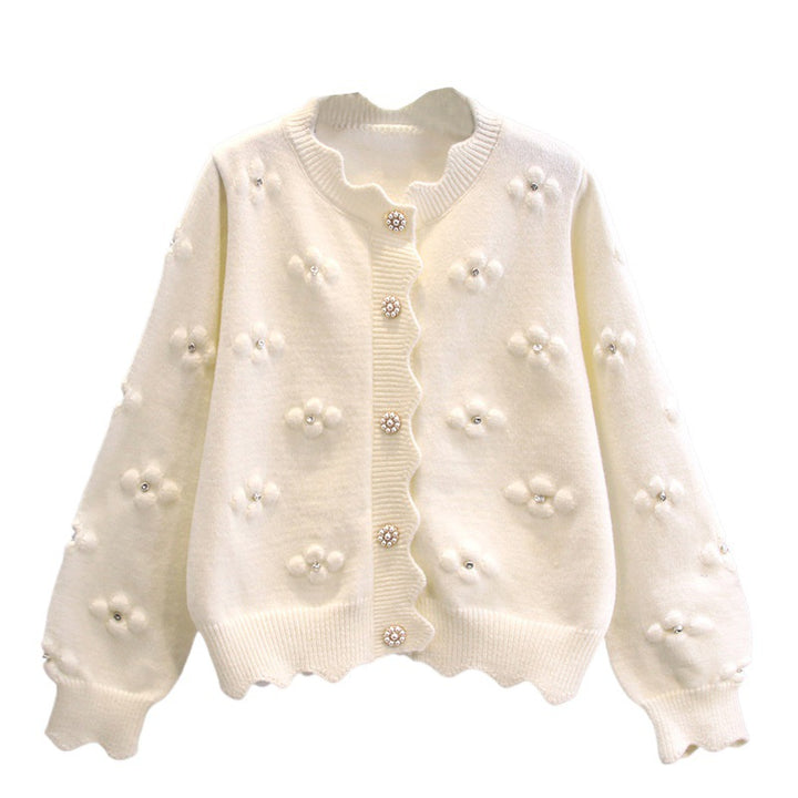 Ladies Loose Knit Vest with Floral Applications and Pearl Buttons Lune London