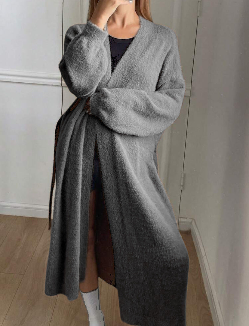 Ladies Long, soft cardigan with tie belt and V-neck Lune London