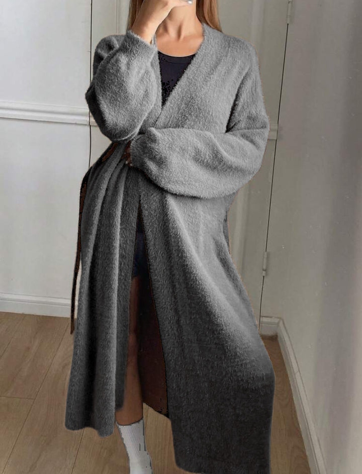 Ladies Long, soft cardigan with tie belt and V-neck Lune London