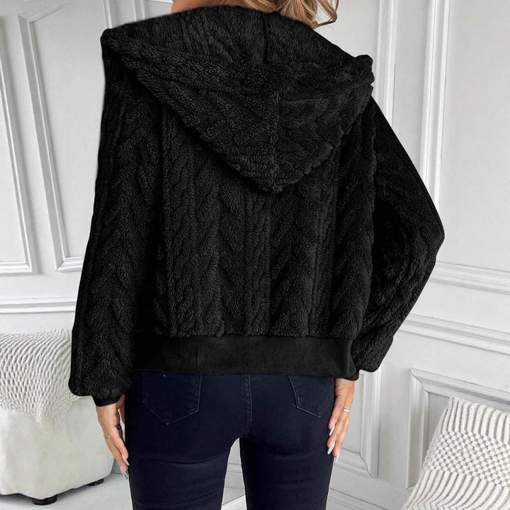 Trendy plush jacket for women with hood and ribbed edges Lune London
