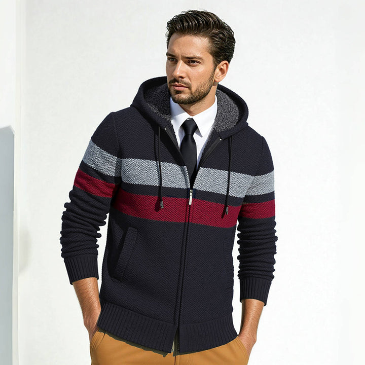 Men's trendy knit hoodie with contrasting decorative stripes and practical pockets Lune London