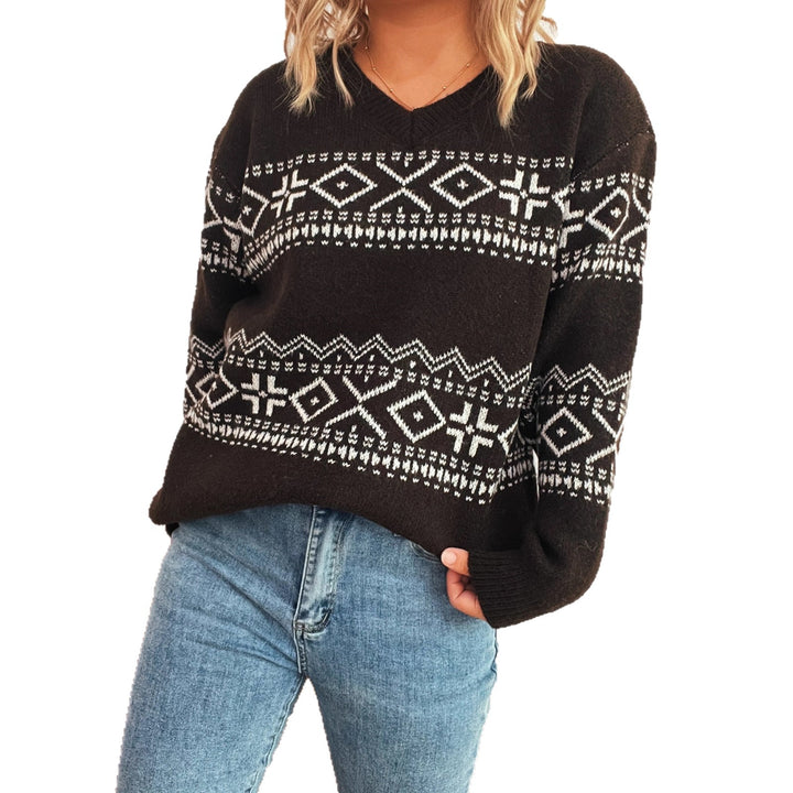 Pull à col en V pour femmes avec motif scandinave et coupe décontractée Chic & Stil