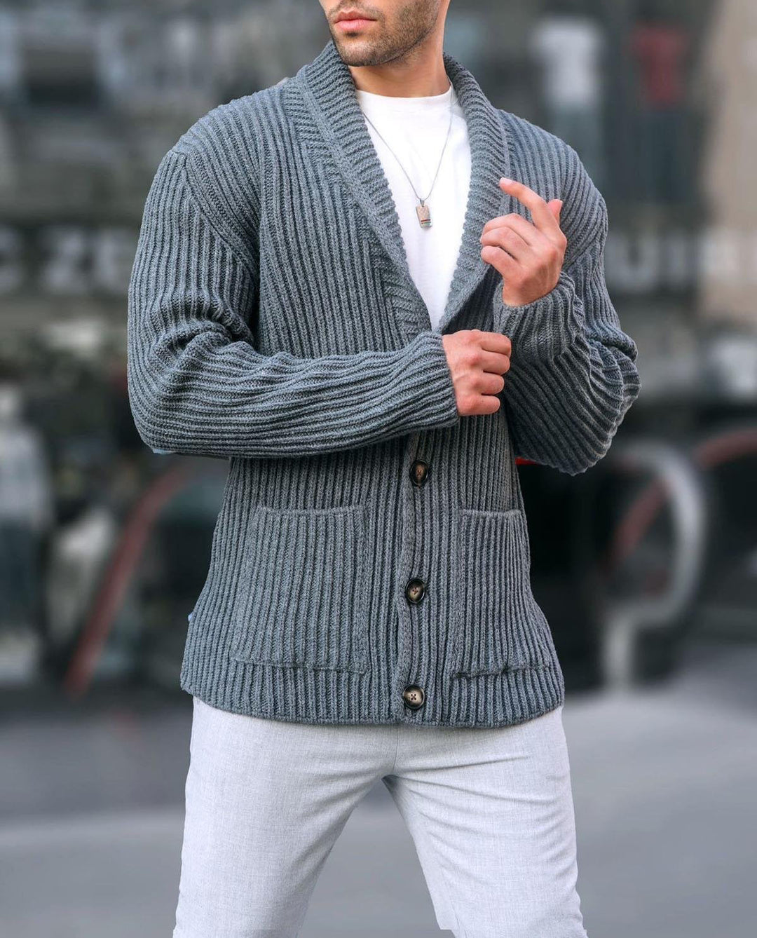 Knit jacket for men with plunging neckline and buttons Lune London