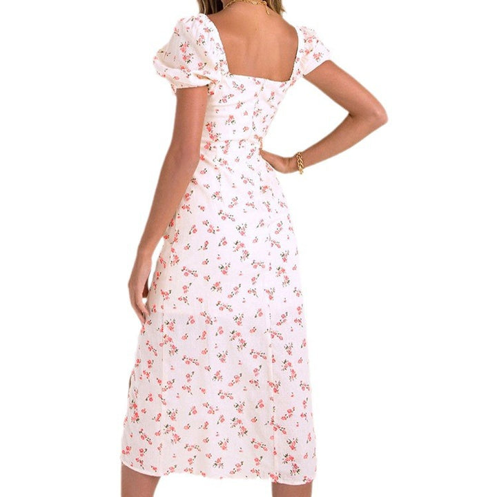 Midi floral dress for women with puff sleeves and side slit Lune London