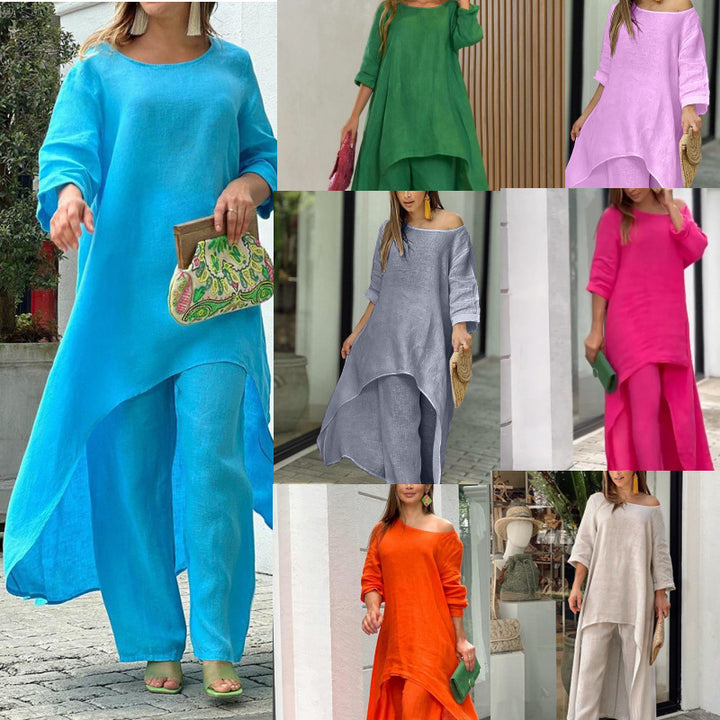 Asymmetrical elegant linen tunic set for women and Lune London pants