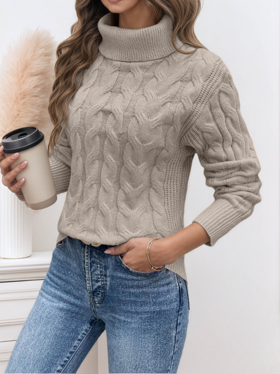 Knit sweater for women with high collar and cable pattern Lune London