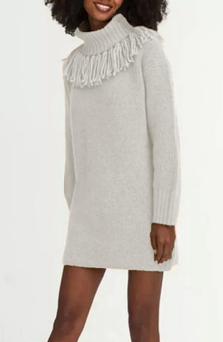 Knit dress for women with high turtleneck and trendy fringes Lune London