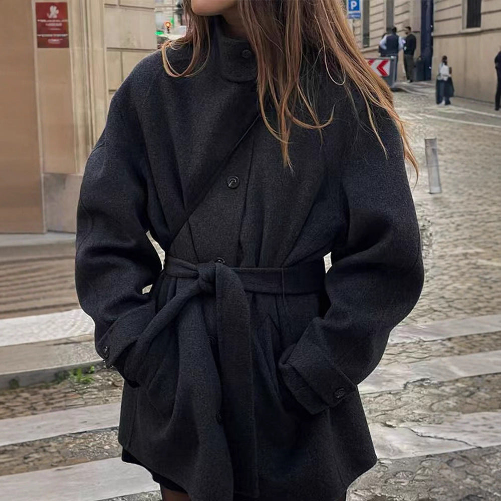 Modern wool jacket for women with adjustable belt and high collar Lune London
