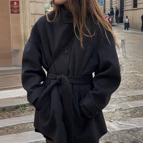 Modern wool jacket for women with adjustable belt and high collar Lune London