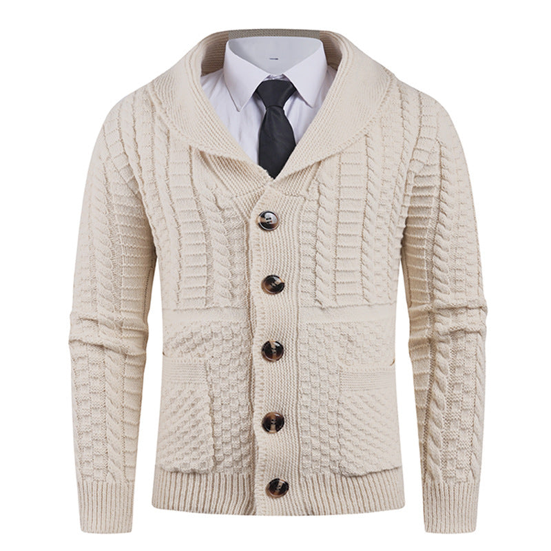 Men's knitted jacket with a modern shawl collar and practical buttons Lune London