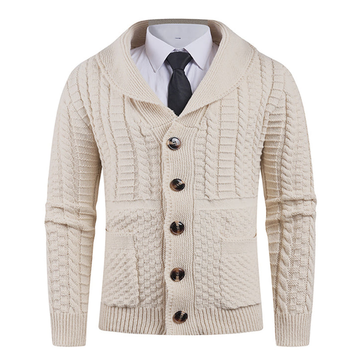 Men's knitted jacket with a modern shawl collar and practical buttons Lune London