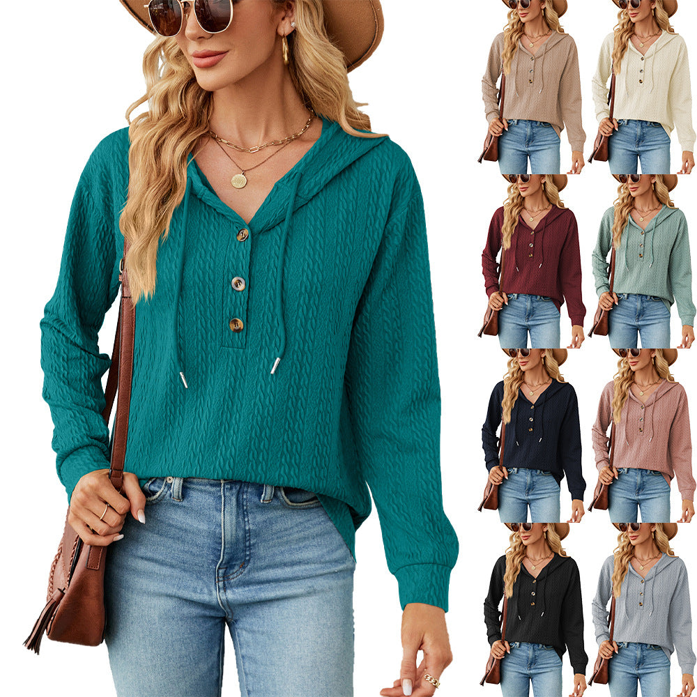 Casual hooded sweatshirt for women with textured surface and button details Lune London