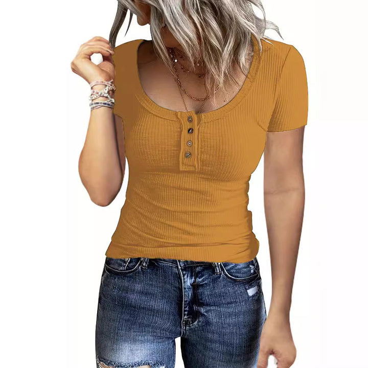Fitted short-sleeve blouse for women with textured ribbed design and button placket Lune London
