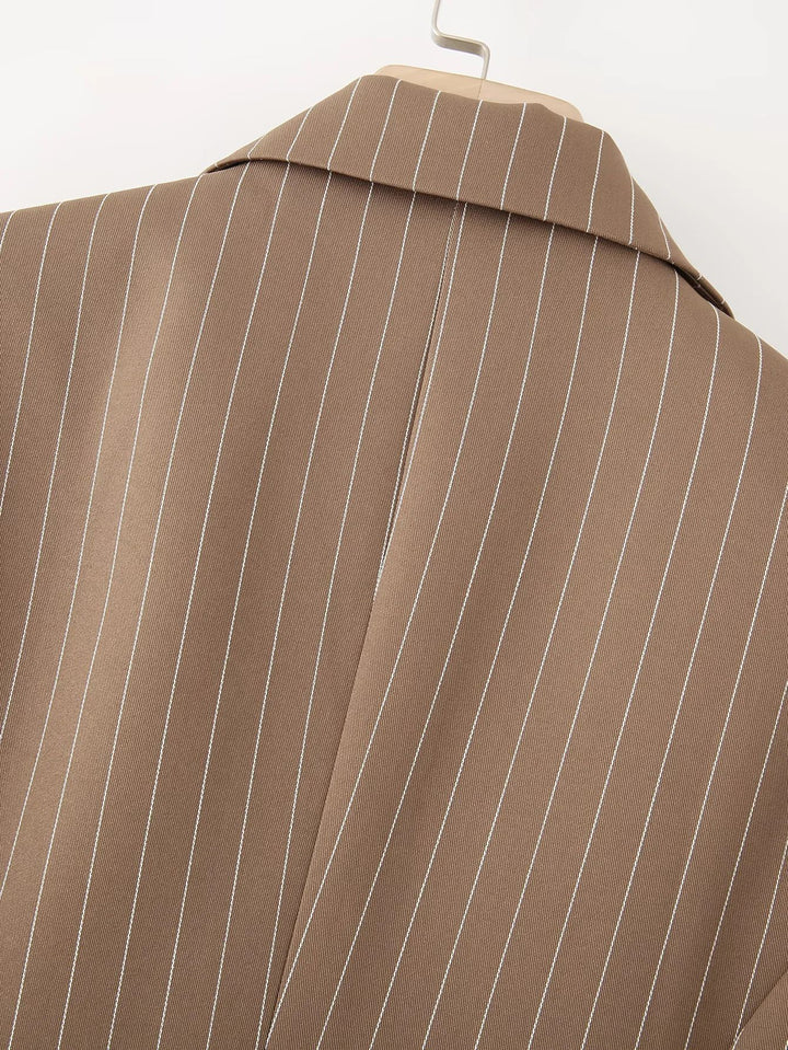 Fashion blazer jacket for women with asymmetrical collar and elegant fine stripes Lune London