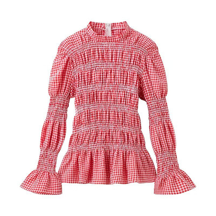 Ruffled blouse for women with gingham pattern and elegant puff sleeves Lune London