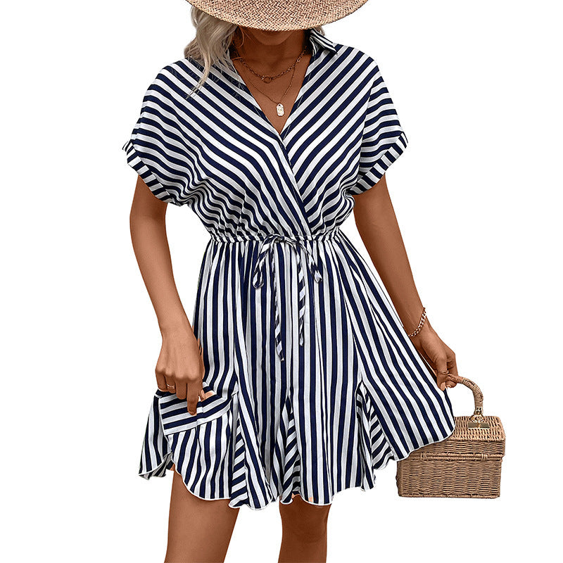 Striped wrap dress for women with adjustable cinch at the waist Lune London