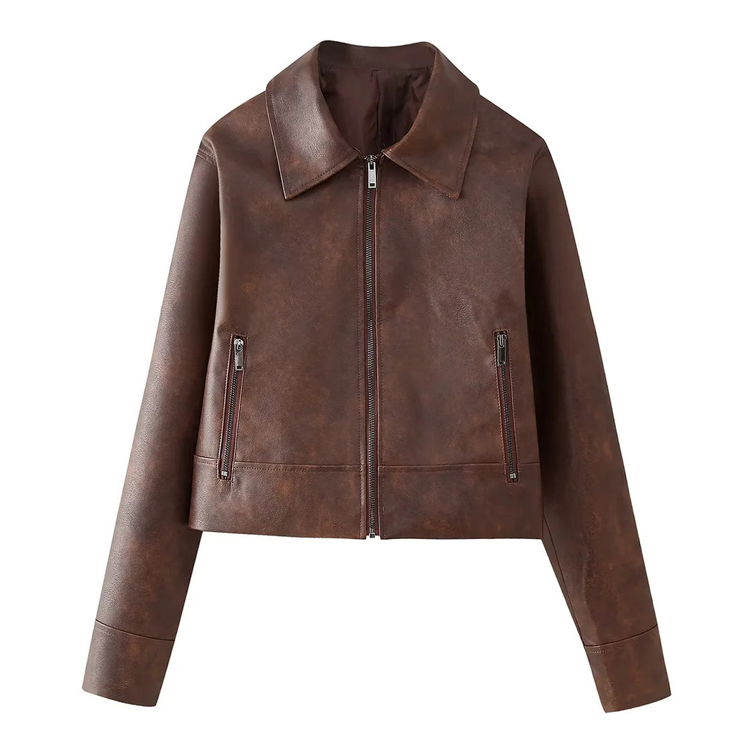 Synthetic leather jacket for women with an elegant cropped design and practical zip pockets Lune London