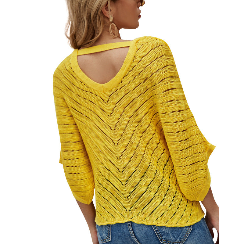 Ladies airy knit top with deep V-neck and asymmetrical hem Lune London