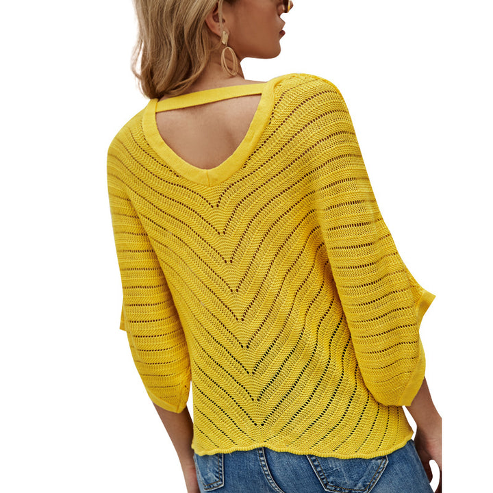 Ladies airy knit top with deep V-neck and asymmetrical hem Lune London