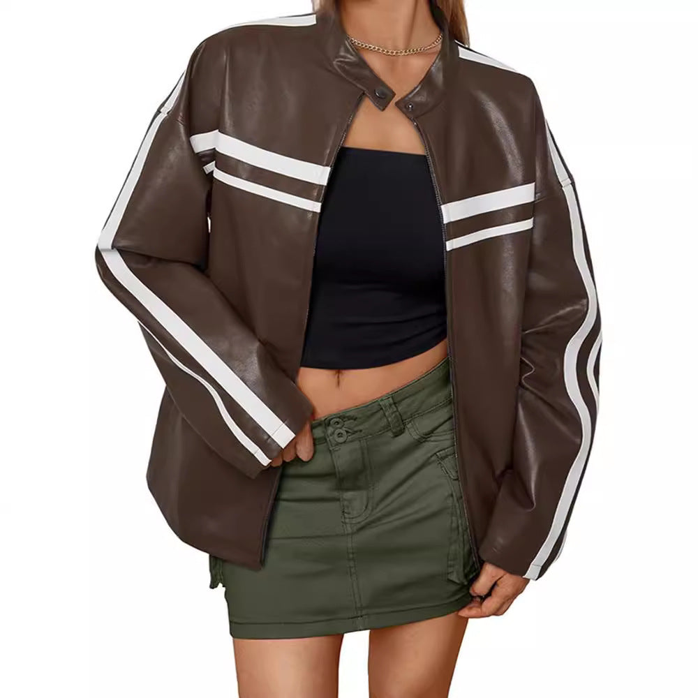 Faux leather jacket for women with sporty stripes Lune London
