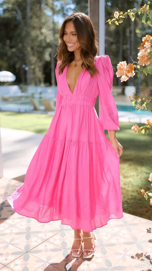Women's Maxi Dress with Deep V-Neck and Wide Flared Sleeves Lune London