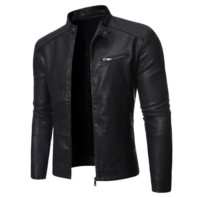 Stylish leather jacket for men with a high collar and practical zippered pockets Lune London