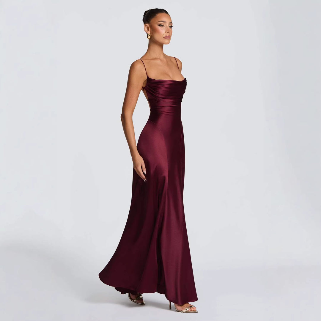 Women's Elegant Maxi Dress with Refined Spaghetti Straps and Flowing Satin Lune London