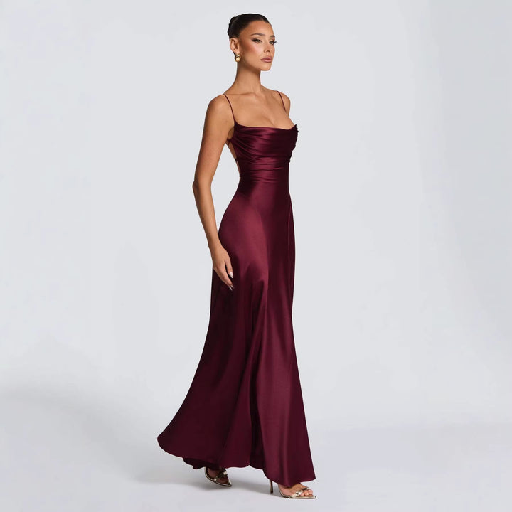 Women's Elegant Maxi Dress with Refined Spaghetti Straps and Flowing Satin Lune London
