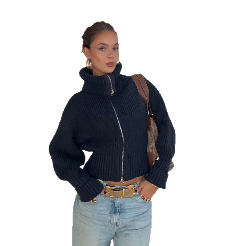 Knit jacket for women with high collar and trendy zipper Lune London