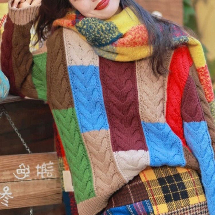 Pull en tricot épais pour femmes avec un motif patchwork accrocheur Chic & Stil