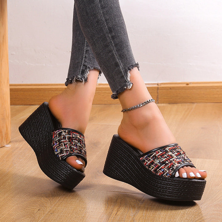 Wedge-heeled slippers for women with modern textile accents and non-slip platform sole Lune London