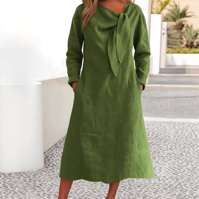 Elegant linen dress for women with asymmetric collar and shawl collar Lune London
