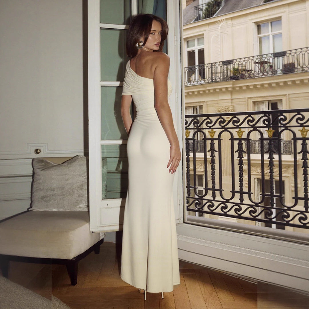 Ladies Elegant One-Shoulder Maxi Dress with figure-hugging cut and playful tie band Lune London