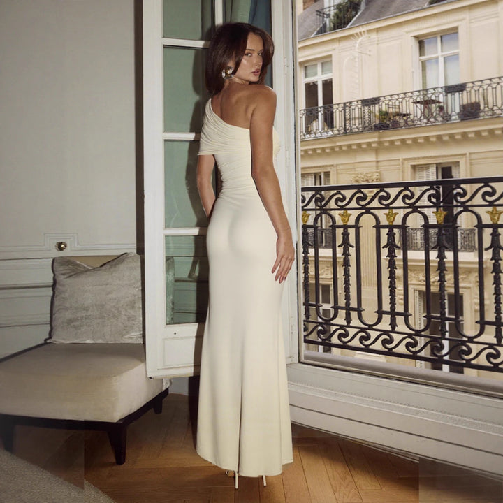 Ladies Elegant One-Shoulder Maxi Dress with figure-hugging cut and playful tie band Lune London