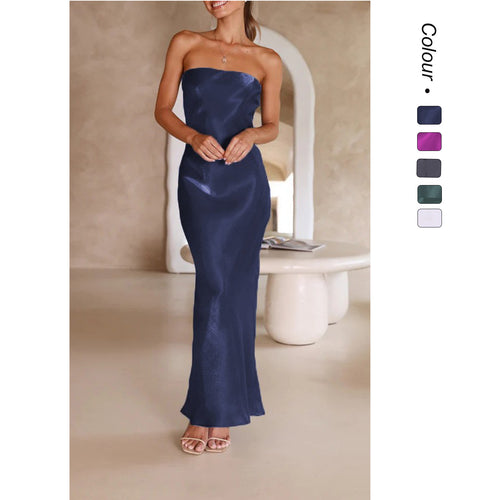 Ladies Elegant Bandeau Maxi Dress with Flowing Satin and Body-Hugging Silhouette
