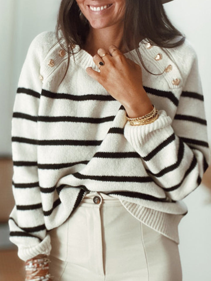 Casual knit sweater for women with modern stripes and decorative button details Lune London
