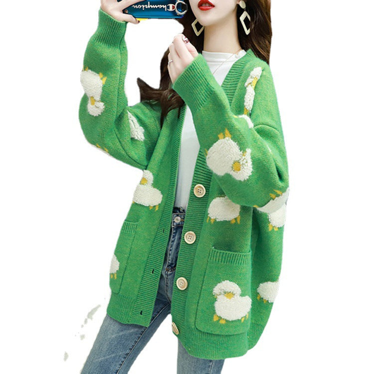 Women’s knit jacket with playful sheep pattern and pockets Lune London